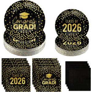 FoldTier 200 Pcs Graduation Plates and Napkins 2026, Black and Gold Graduation Decorations, Class of 2026 Congrats Grad Paper Plates and Napkins for College High School Graduations Party, Serve 50
