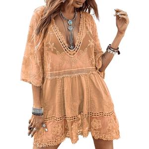 Eomenie Women's Contrast Lace Bathing Suit Cover Up V-Neck Swimsuit Coverups Loose Swimwear Beach Dress Beachwear 