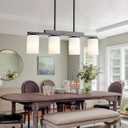 Mecgirn Farmhouse Dining Room Light Fixtures Over Table, Black Pendant Lights for Kitchen Island with Milk Glass Shade, 4 Light Linear Chandelier Lighting with Wood
