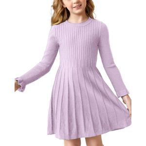 Little Girls Knit Sweater Dress Long Sleeve Ribbed Ruffle Dress Kids Pullover Dresses (10-12 Years, 01 Purple)