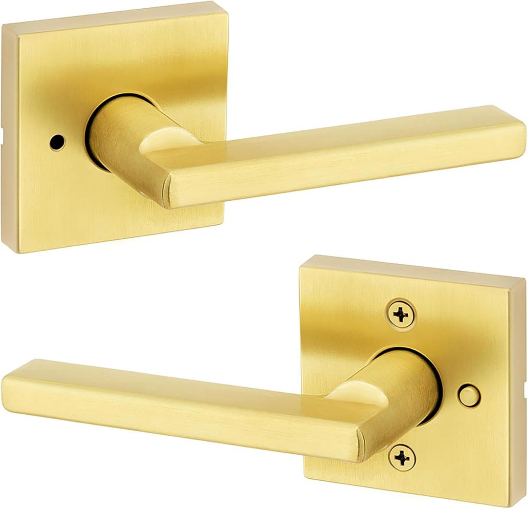 Kwikset Halifax Interior Privacy Door Handle with Lock, Door Lever for Bathroom and Bedroom, Satin Brass Reversible Keyless Push Button Lock Door Lever, with Microban Protection (Square)