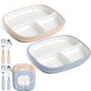 Teenyyou 2 Pcs 8.2" Large Kids Porcelain Plates with Silicone Sleeves Toddlers Divided Plates Extra Deep White Porcelain Dishes 2 Pack Spoons and Forks Set Microwave Dishwasher Friendly(Blue, Beige)