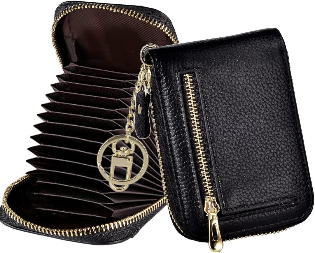 Outrip RFID Small Credit Card Holder Wallets for Women Zipper Coin Purse with Keychain (Black)