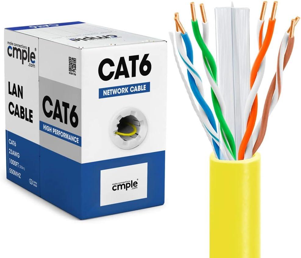 Cmple - Cat6 Cable 1000ft Bulk Lan Ethernet Cat 6 Wire Network UTP 23AWG CMR Riser 10Gbps 550 MHz Pull Box 1000 Feet, Yellow