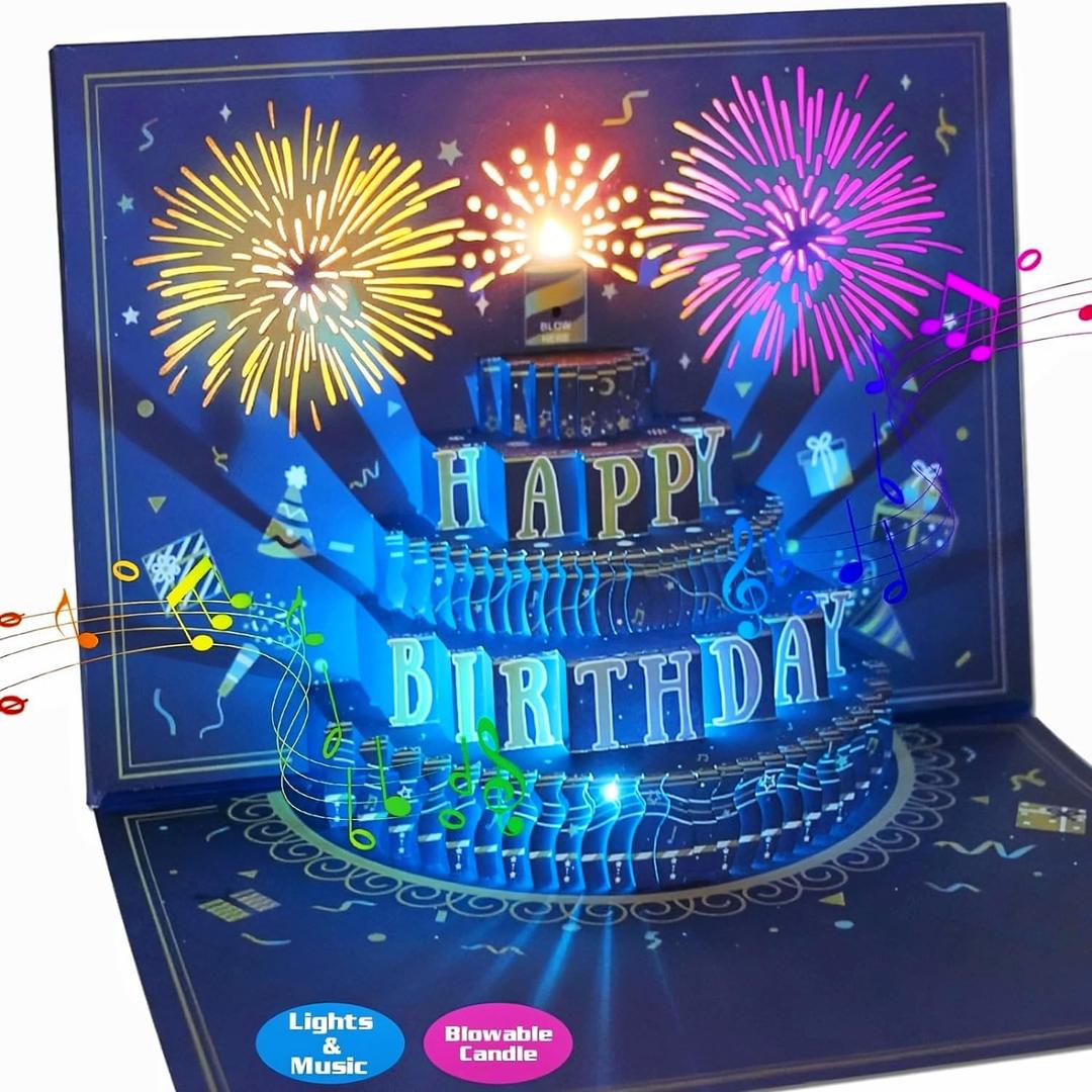 UPGRADED 3D Pop Up Firework Birthday Cards, Musical LED Lights Birthday Cards with Blowable Birthday Cake, Greeting Cards, Birthday Gifts for Mom Women Men Kids Child Dad Father Wife (Blue)