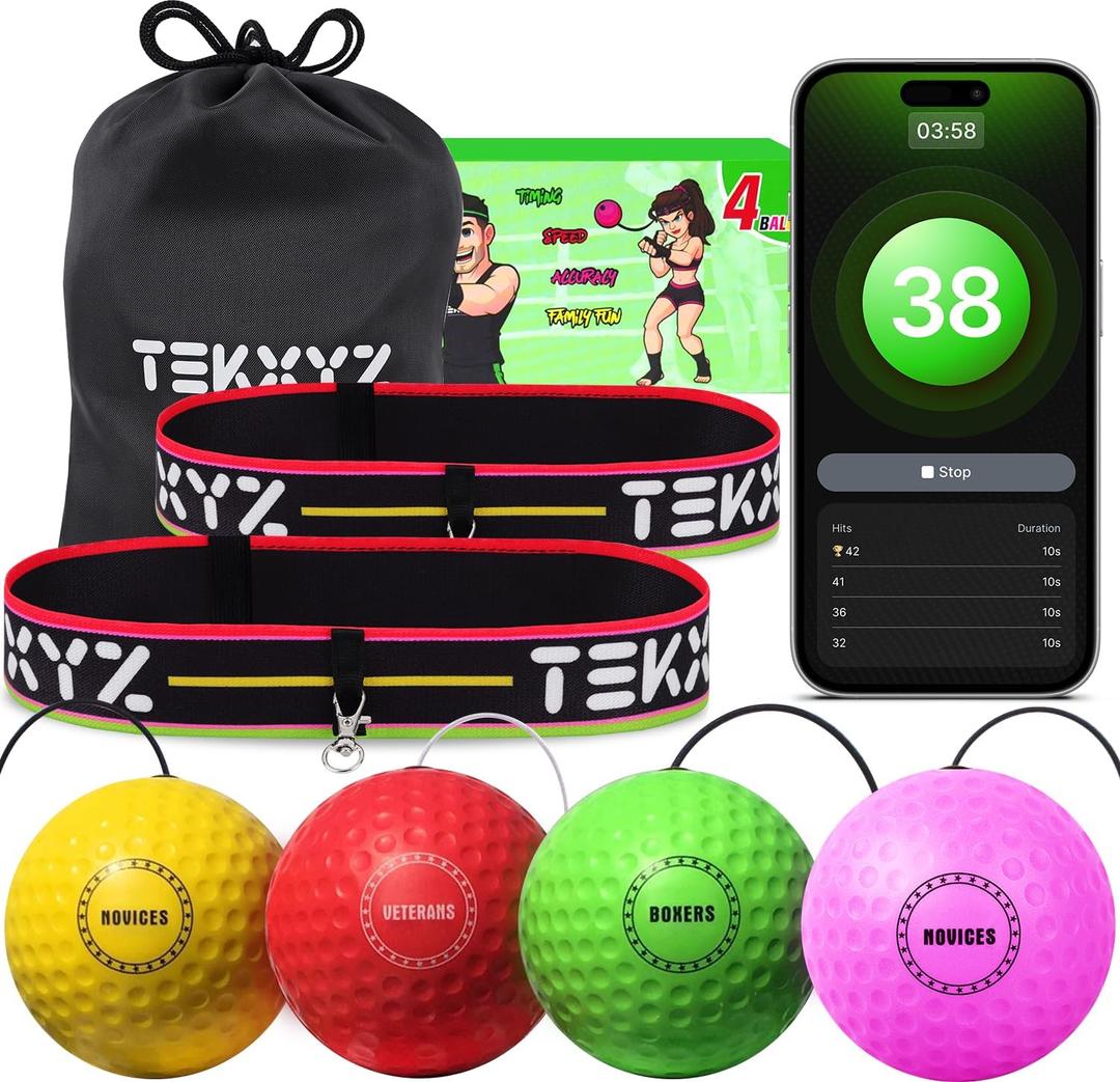 TEKXYZ Reflex Ball Family Pack with Counter App | Online Community for Boxing Ball, Ideal for Coordination, Punching, Stress Relief, Home Workouts & Fitness | Stocking Stuffer Gift for All Ages