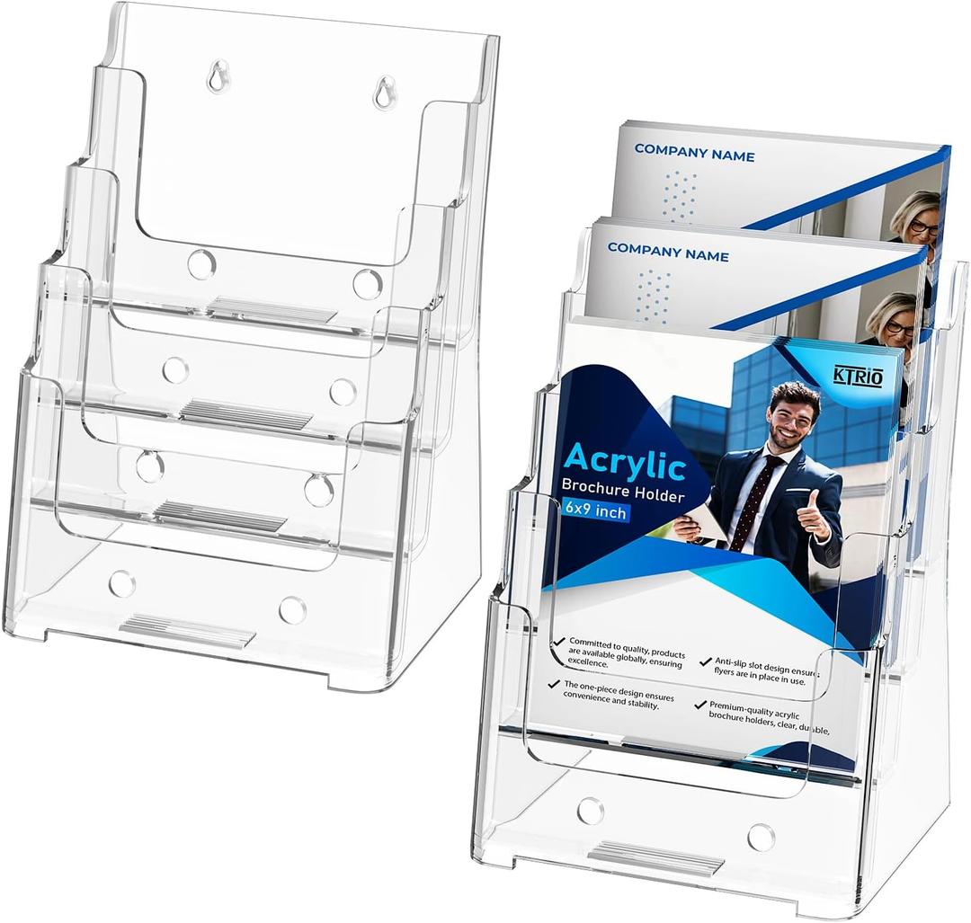 KTRIO 4 Tier Acrylic Brochure Holder 6x9 inches 2 Pack, Clear Trifold Brochure Display Stand Plastic Pamphlet Holder for Flyer, Booklet, Literature, Catalogs, Files, Countertop or Wall Mount Use