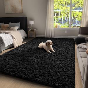 Ophanie Upgrade 3x5 Rugs for Bedroom, Black Fluffy Shaggy Soft Area Rug, Non-Slip Indoor Floor Carpet for Living Room, Kids Baby Boys Teen Dorm Home Decor Aesthetic, Nursery