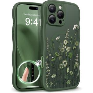GVIEWIN for iPhone 16 Pro Case Compatible with MagSafe [Curly Wave Edge][Full Camera Protection] Floral Translucent Shockproof Magnetic Women Phone Case for iPhone 16 Pro 6.3'',Floratopia/Forest Green