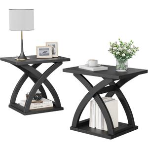ChooChoo End Side Table Set of 2, Modern End Table with Storage Shelf, X-Design Side Table Living Room (Black)