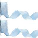2 Rolls 20 Yards 1.5 Inch Ruffle Edge Ribbon Blue Double Ruffled Pleated Soild Chiffon Silk Polyester Gathered Fabric Satin Ribbons Trim for Sewing Making Crafts Gift Wrapping Christmas DIY