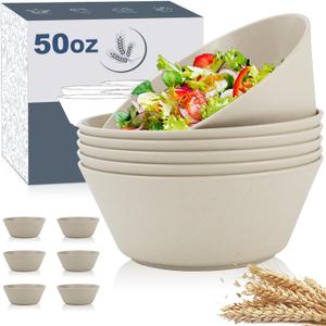50oz Large Soup Bowls set of 4,Unbreakable Large Wheat Straw Bowls,Alternative Big Plastic Bowls Microwave Safe and Dishwasher Safe Beige Series