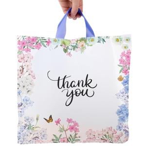 Purple Q Crafts Thank You Bags With Soft Loop Handle for Business Retail, Boutique Bulk 50 Pack 15" W x 12" H Floral Plastic Shopping Bags/Gift Bags Perfect For Mothers Day