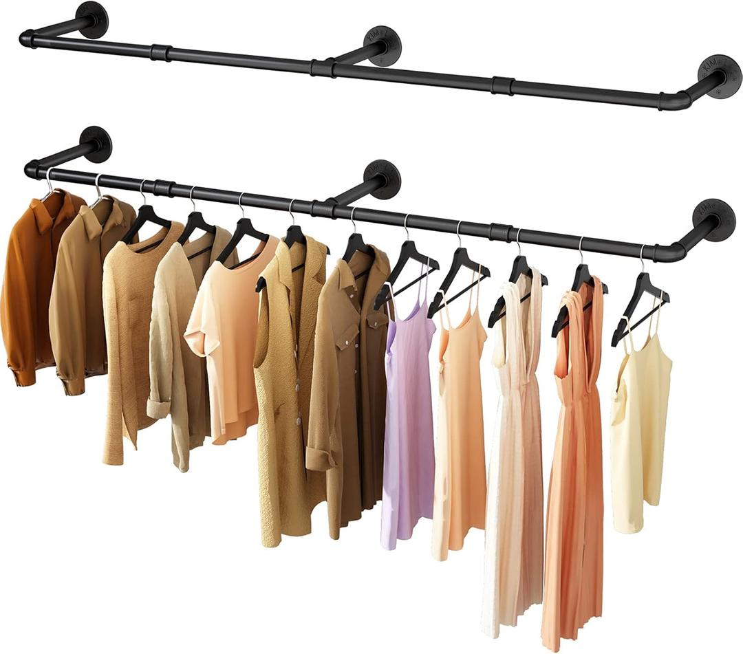 Wall Mounted Clothes Rack 52.6in, Industrial Pipe Clothing Racks Wall Mount, Heavy Duty Detachable Iron Garment Bar, Saving Space, Multi-Purpose Hanging Rod for Bedroom, Laundry Room, 2 Packs (52.6Inches)
