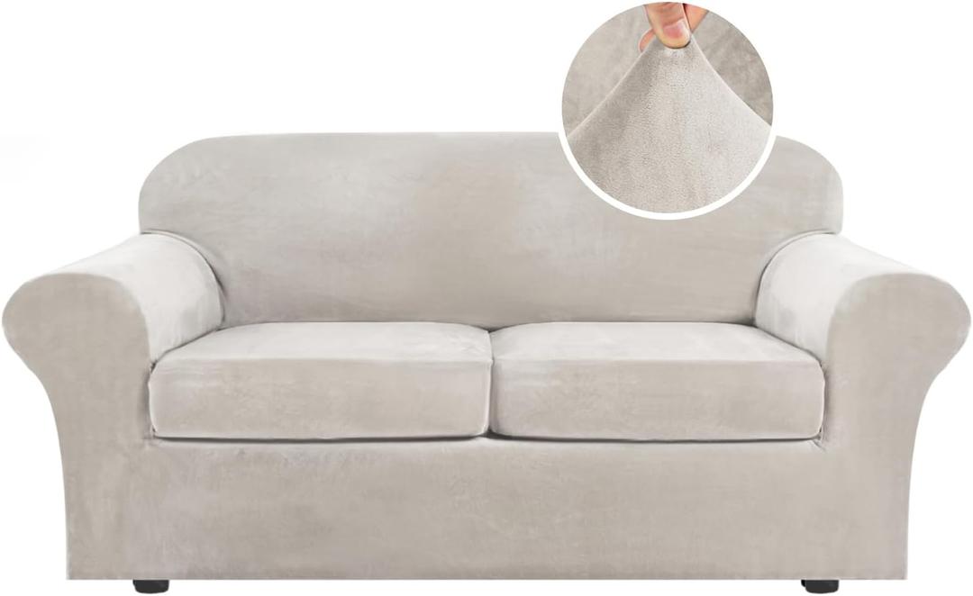 H.VERSAILTEX Real Velvet Plush 3 Piece Stretch Sofa Covers Couch Covers for 2 Cushion Couch Sofa Slipcovers Width Up to 90 Inch Thick Soft Stay in Place (Large Sofa, Oatmeal)