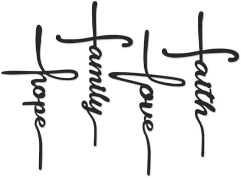 Bnesi Metal Wall Art Sign 4-Piece Set: Love, Faith, Family, Hope - 15 x 8 in Waterproof Religious and Spiritual Hanging Cross Wall Decor for Home Decoration