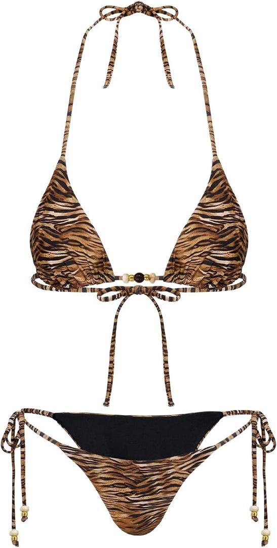 Women's 2 Pieces Zebra Striped Bikini Set Halter Triangle Swimsuit Y2K Tie Side Bathing Suit (Medium, Brown)