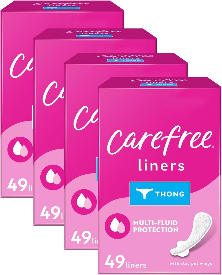 Carefree Panty Liners for Women, Thong Liners, Unwrapped, Unscented | Pantiliners, Carefree Liners, Daily Liners for Women, Light Periods and Leaks | 196ct (4 Packs of 49ct) 