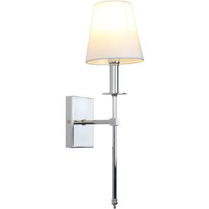 PERMO Single Classic Rustic Industrial Wall Sconce Lighting Fixture with Flared White Textile Lamp Shade and Chrome Tapered Column Stand