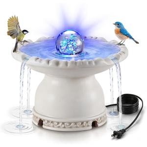 Bird Bath Fountain with LED Light, Electric Bird Bath for Outside with 5W Fountain Pump and Crystal Ball, Vintage White Resin Tower-Style Birdbath Water Fountains for Garden, Patio, Yard, Pond