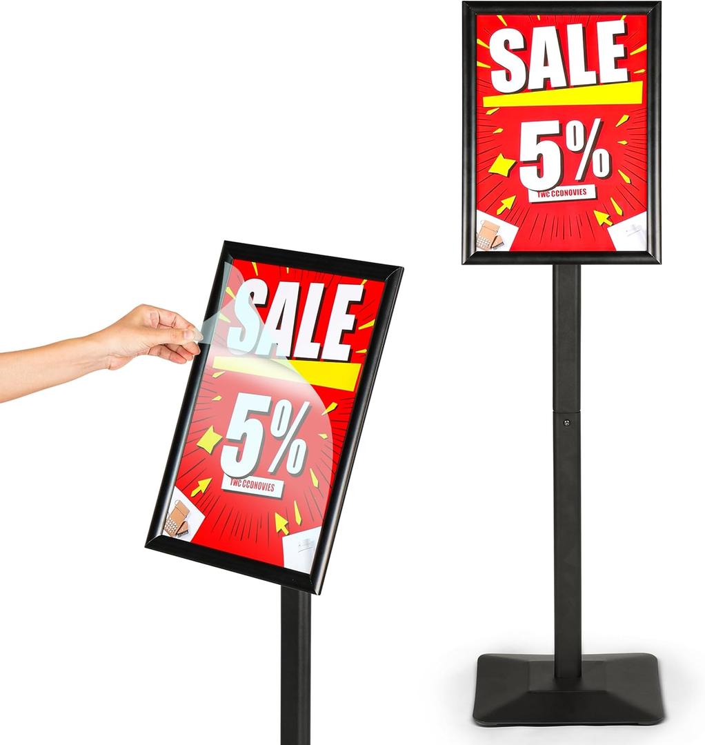 11x17 Standing Sign holder, 360 Adjustable Head and Tool Free Height Adjustment for Advertisement Pedestal Stand Sign holder with Sturdy Safe Corners and Anti-Tip 4mm Thick Base, Black