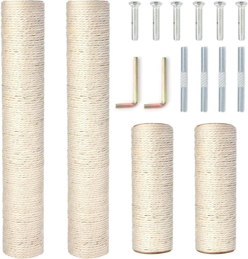 Barelove Cat Scratching Post Replacement, 4 Pieces Cat Scratcher Cat Tree Replacement Parts, 15.4'' x 2.67" Dia + 7.87 x 2.67" DiaNatural Sisal Rope Cat Scratch Posts Include M8 Screws