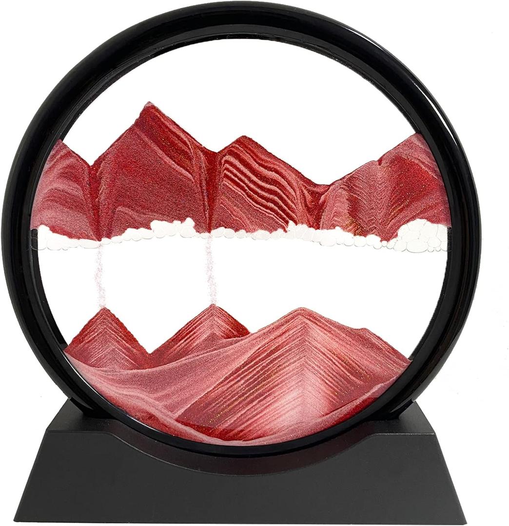SANDCLE Moving Sand Art Liquid Motion - Moving Sand Art Picture Decor 3D Deep Sea Sandscape, Round Glass Frame Display Flowing Sand Relaxing Toy for Desktop Home Office Work Decoration(Red, 12")