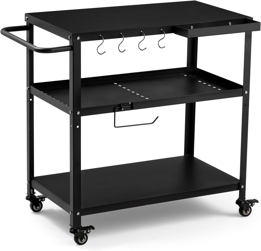 Outdoor Grill Cart Table,Indoor and Outdoor Pizza Oven Table,with 4 Movable Total Lock Casters, Hooks, Side Handle Multifunctional (Black) (Black Flattop -&gt; Black Frame)