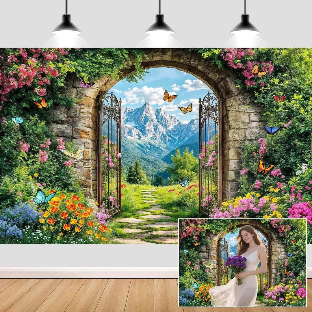 10X8ft Enchanted Garden Backdrop Spring Fairytale Wonderland Castle Door Floral Butterfly Background for Kids Girl Baby Shower Birthday Party Decoration Studio Photography Banner Booth Props