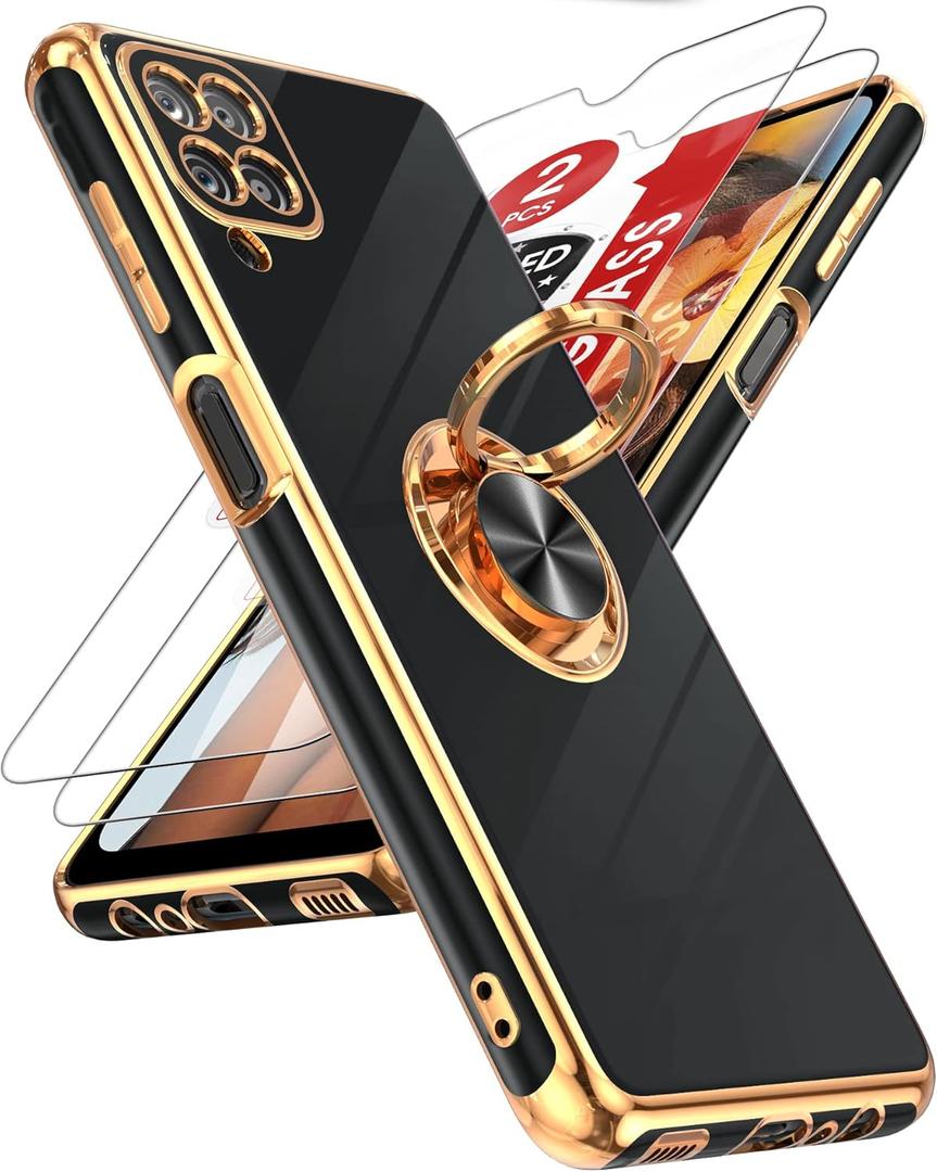 LeYi for Galaxy A12 Phone Case: with Tempered Glass Screen Protector [2 Pack] 360 Rotatable Ring Holder Magnetic Kickstand, Plating Rose Gold Edge for Samsung Galaxy A 12 Case, Black