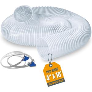 POWERTEC 4" x 10' Flexible PVC Dust Collection Hose with 2pcs Stainless Steel Key Hose Clamps for Table Saw, Band Saw, Planer, Jointer, Woodworking and Garage, WoodShop Dust Collection System
