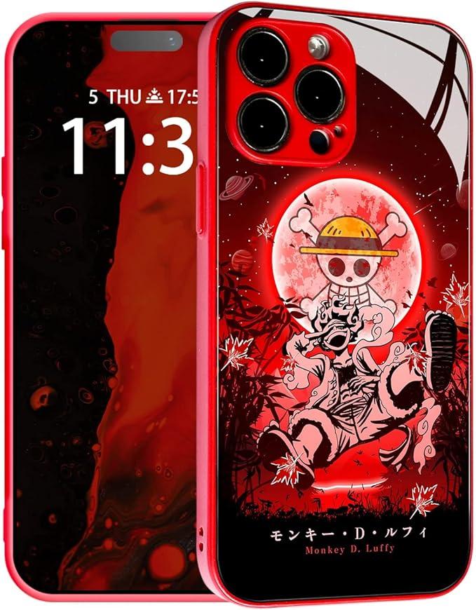 HEMINJYJEF Japanese Anime Anti-Drop Color Soft Silicone Protective Shell Manga Pattern Tempered Glass Covers Multicolor Phone Cases (Red, Gear 5 Nika JoyBoy, for iPhone 14)