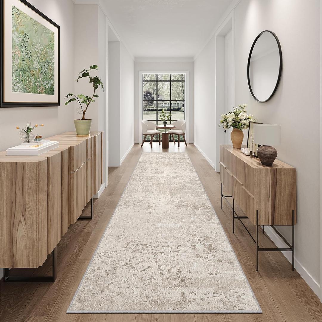 Art&Tuft 2x12 Runner Rug - Washable Runner Rugs, Non-Slip Runner Rug for Hallway, Low-Pile 2x12 Rug Runner Kitchen Laundry Room Rug Throw Carpet for Entrance Bedroom Living Room, Beige