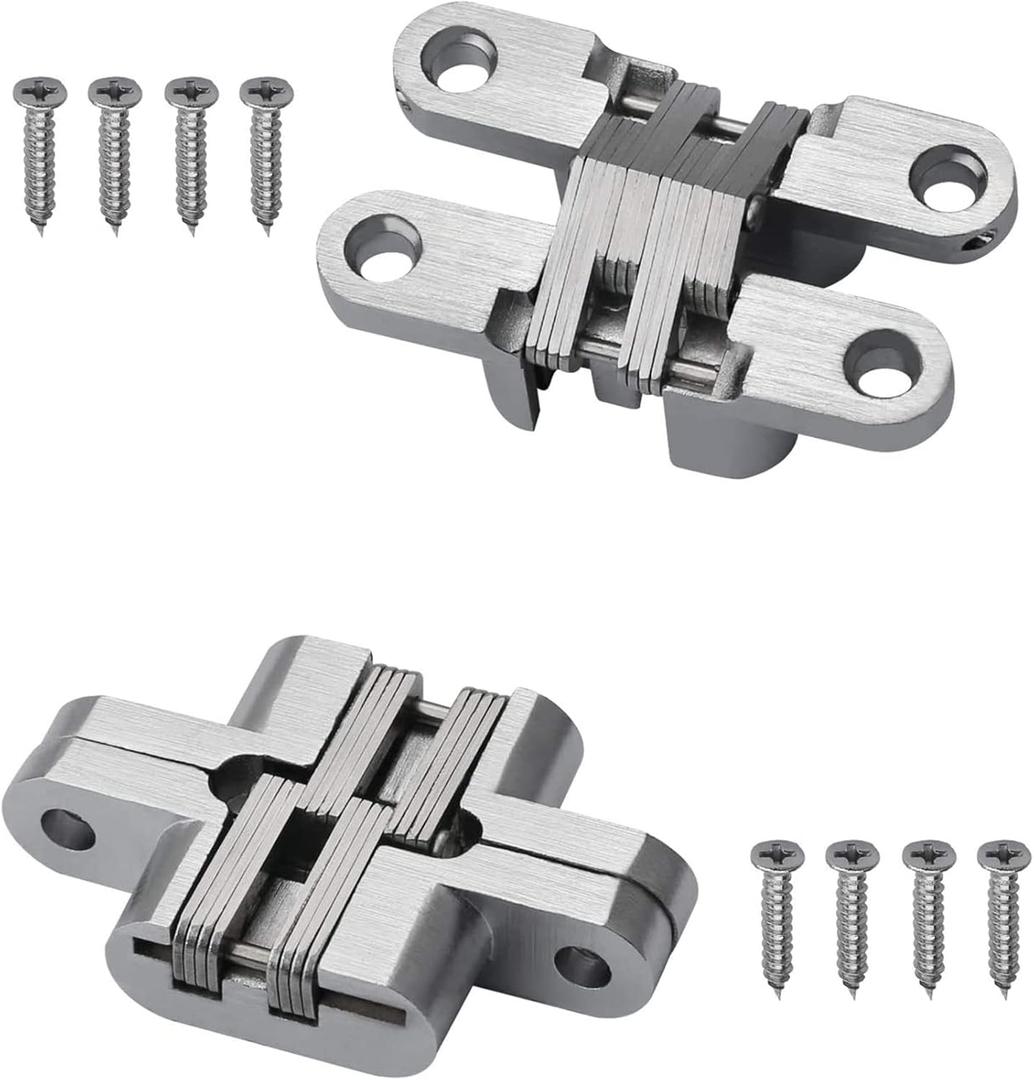 2 Pack 2.36 in Hidden Hinge Invisible Concealed Cross Hinges 180 Degree Folding Door Cross Zinc Alloy Hidden Hinges Swing Invisible Hinge for Cabinet, Cupboard,Wooden Box,with Screws-S5