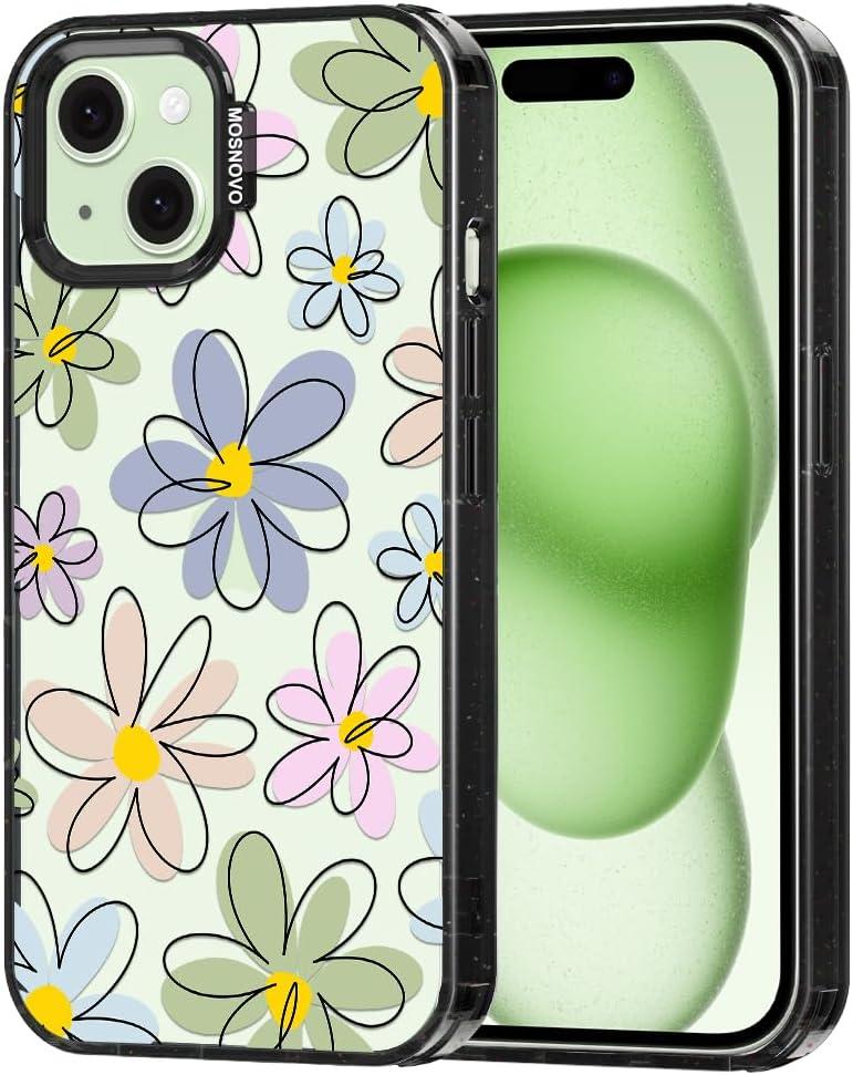 MOSNOVO Case for iPhone 15 Plus, 10ft 4X Military-Grade Drop Protection, Durable & Shockproof Phone Case Cover Design for iPhone 15 Plus / 14 Plus - Linear Blooms - Clear Black