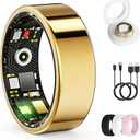 Smart Ring for Women & Men, Health Tracker Ring with Heart Rate, Blood Oxygen,Blood Pressure, IP68 Waterproof Fitness Ring, Sleep Tracker for iPhone and Android, No APP Fee (Gold, 7#)