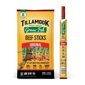 Tillamook Country Smoker 100% Grass Fed Beef Sticks, Zero Sugar, Original, 1.15 Ounce, 8 Pack, Non-GMO Clean Meat Snacks, 10g High Protein Per Stick, Gluten Free Keto Snack, Individually Wrapped (EXP 11/06/26)