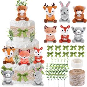 23 Pcs Diaper Cake Kit Woodland Creature Animals Party Diaper Cake Decor Mini Stuffed Forest Animals Jungle Animal Baby Shower Diaper Cake for Birthday Party Supplies Table Centerpiece Decoration