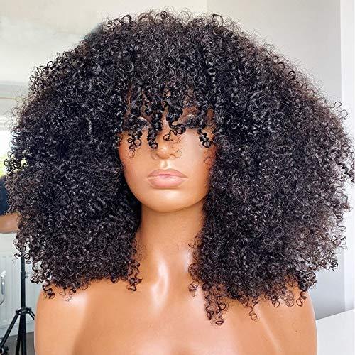 Afro Kinky Curly Wig With Bangs Full Machine Made Scalp Top Wig 200 Density Virgin Brazilian Short Curly Human Hair Wigs Natural Color 22 inch