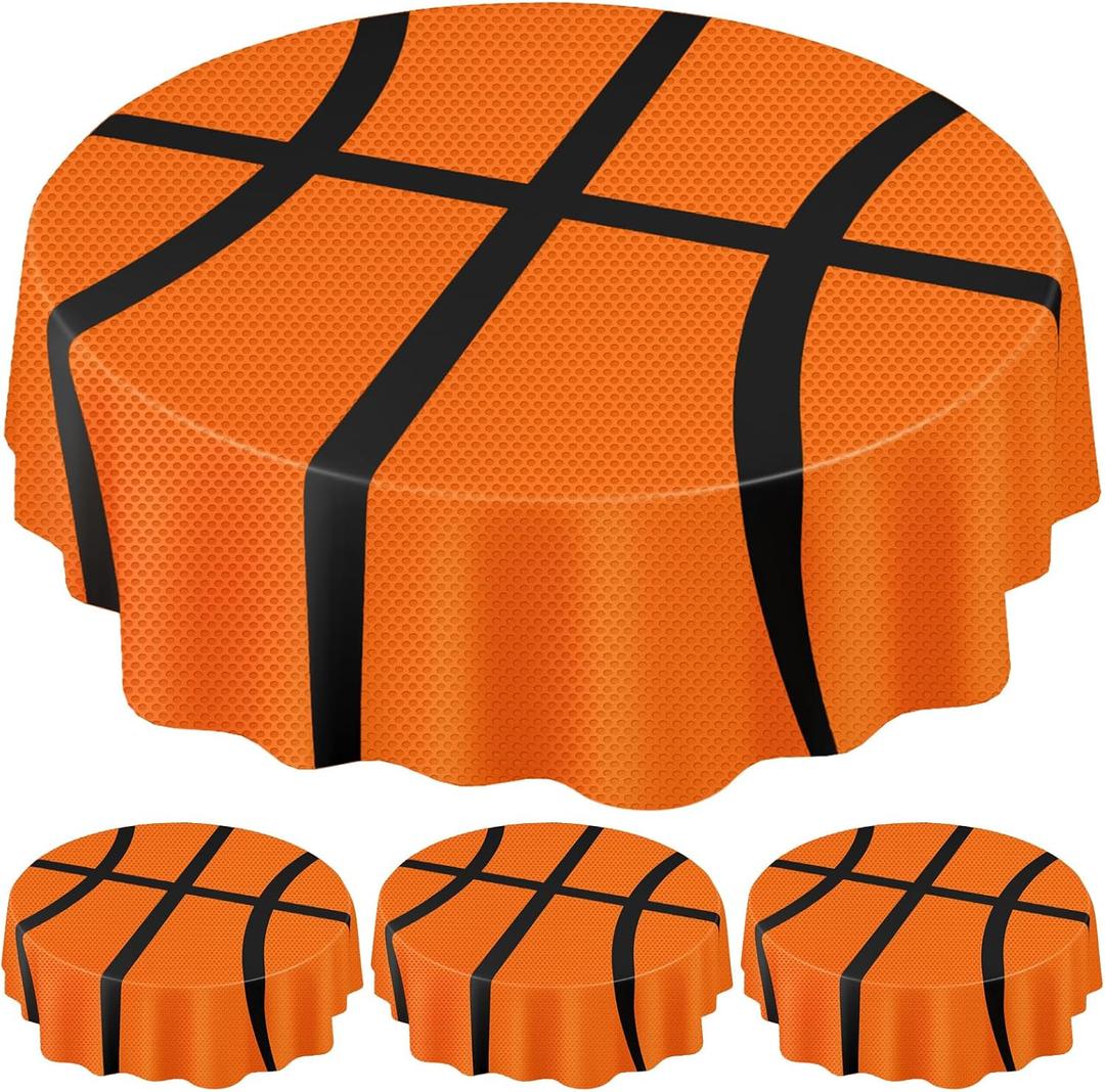 4 Pack Round Basketball Tablecloth 84 Inch Plastic Basketball Party Decorations Disposable Table Cloth Washable Disposable Circle Table Cover for Birthday Party Supplies Decoration