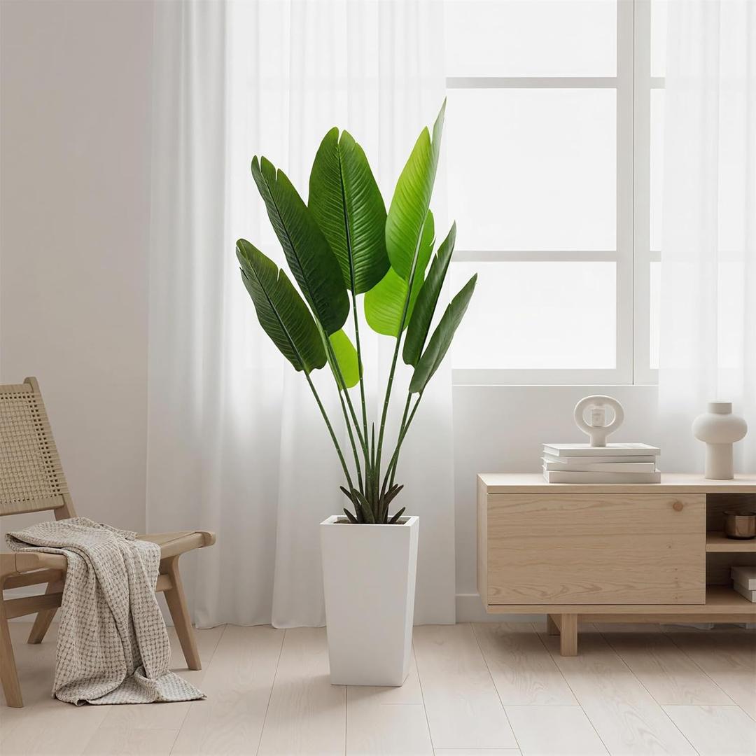 4.7FT Artificial Banana Tree, Fake Potted Tropical Tree, Decorative Evergreen Tropical Plant with White Tall Planter for Living Room Entryway Porch Office (9in)