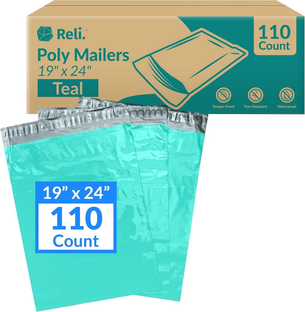 Reli. (110 Pcs) Poly Mailers 19x24", Teal | Shipping Bags for Clothing | Large Polybags for Shipping, Small Business | Mailing/Packaging Bag - 19x24 Inch | Non-Padded Shipment Envelopes, Self Sealing