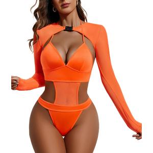 Avidlove Rave Outfits for Women Festival Sexy Lingerie Bodysuit Buckle Shrug Crop Top Set (3X-Large, Orange)