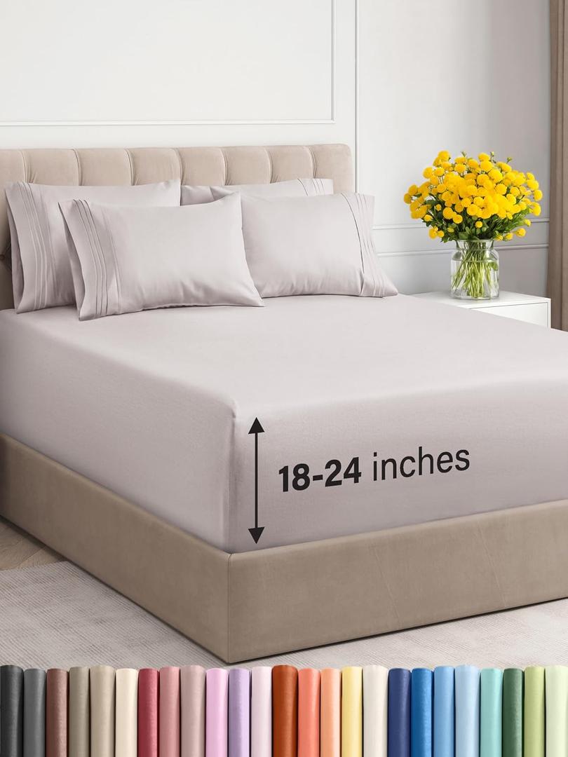 Extra Deep King Sheet Set - 6 Piece Breathable & Cooling Sheets - Hotel Luxury Bedding Set with 18-24 Inch Extra Deep Pockets - Easy Fit - Super Soft, Wrinkle Free and Comfy - Light Grey, King Size