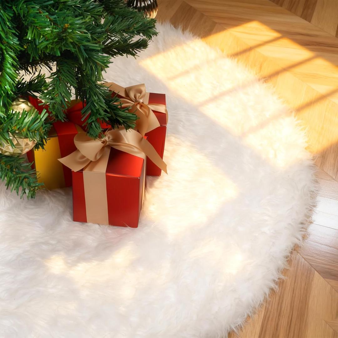 Christmas Tree Skirt White, 48 Inch Soft Faux Fur Xmas Tree Skirts, Large Luxury Velvet Plush Christmas Trees Decoration, White Ornaments for Christmas Holiday Party Indoor Party Home Decor