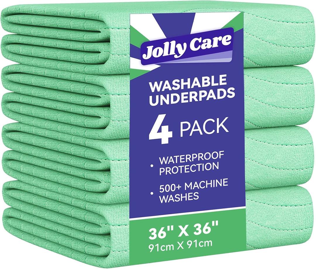 Washable Underpads Waterproof, 4 Pack 36" x36'' Heavy Absorbency Incontinence Bed Pads, Bed Wetting Pads for Adults, Elderly, Kids and Pets, Soft Reusable Changing Pads for Bed (Green)