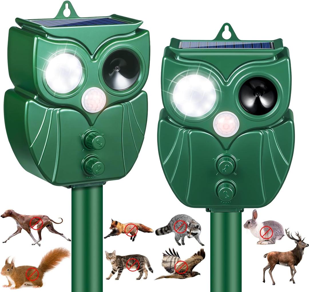 2 Pack 2025 Solar Ultrasonic Repellent Outdoor Cat Squirrel Rabbit Deer Repellent Devices Skunk Repellent for Yard with Motion Detection Animal Deterrent Light for Racoon Rodent Dog Mole