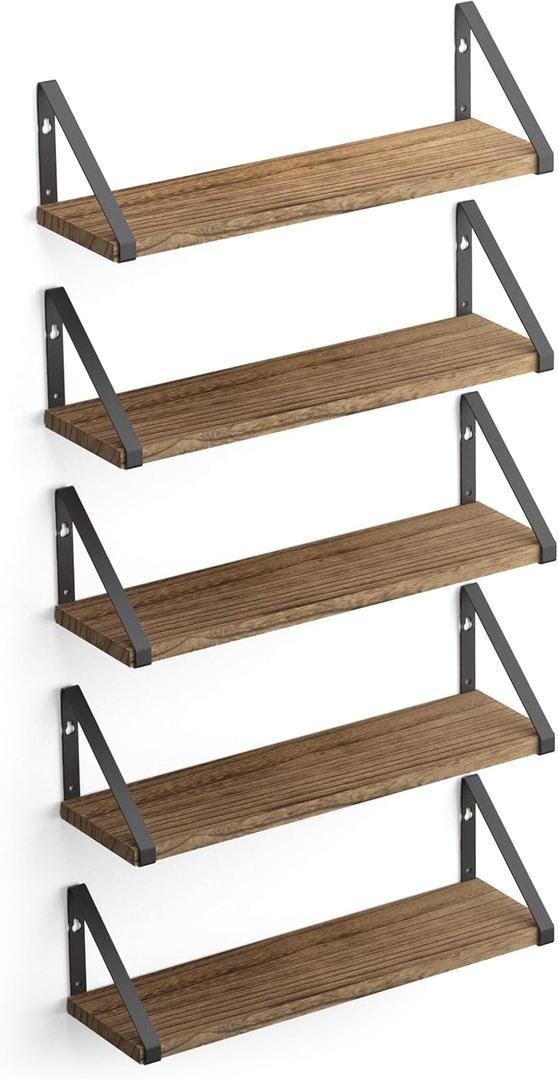 Wallniture Ponza Wood Floating Shelves for Wall Storage, Natural Burned Small Bookshelf Set of 5