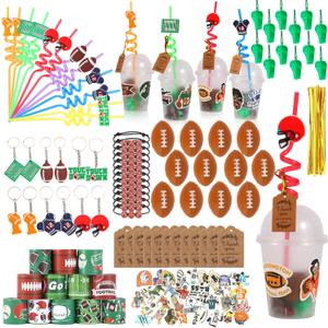 LiYiQ 158 Pcs Football Party Favors Football Party Supplies with Cup Straw Stress Ball Keychain Sticker Slaps Bracelets Whistle Thank You Tags for Football Birthday Decorations