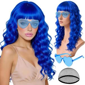 Royal Blue Wig for Women Long Wavy Wigs Heart Sunglasses Pack, Colorful Curly Long Hair with Air Bangs Funny Party Supplies for Nightclubs Music Festival Drag Queen Theme Party Fashion Show